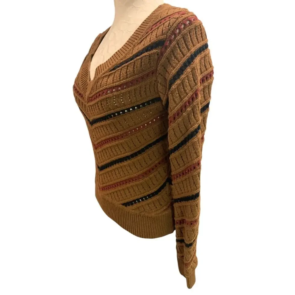 Size XS Evereve Sawyer Chevron Womens Sweater Brown Mulitcolor V-neck - Picture 3 of 7
